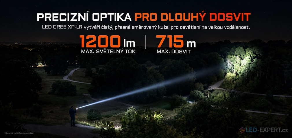 Acebeam E10 2.0 ukázka úzkého dálkového světelného kuželu a dosvitu 715 m