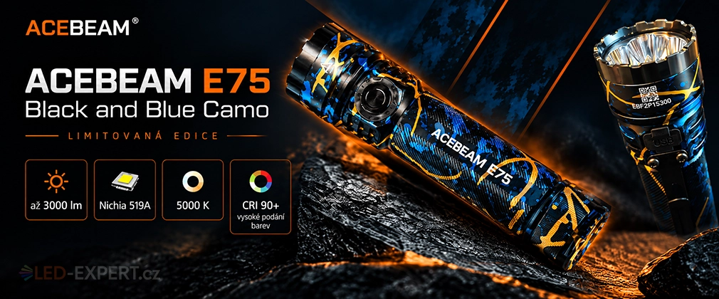 Acebeam E75 Black and Blue Camo 5000K CRI 90+ hlavní vlastnosti
