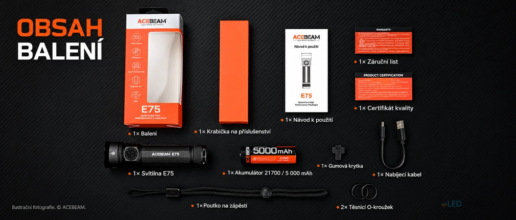 Acebeam E75 obsah balení včetně akumulátoru 21700 a USB-C kabelu
