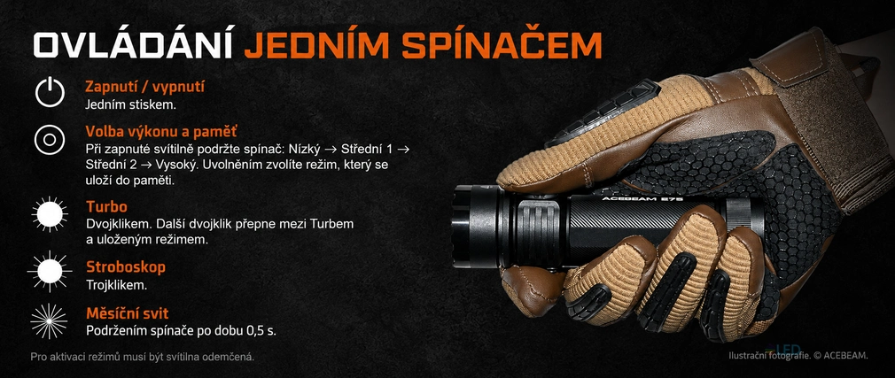 Acebeam E75 ovládání jedním elektronickým spínačem