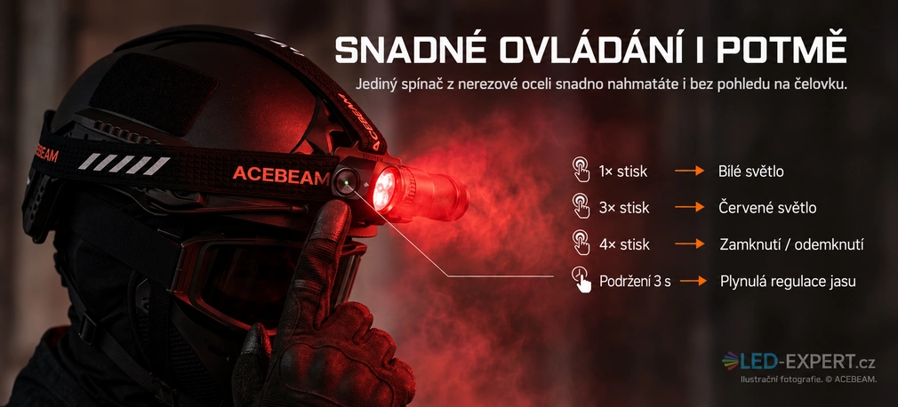 Acebeam H18 ovládání bílého a červeného světla jedním spínačem