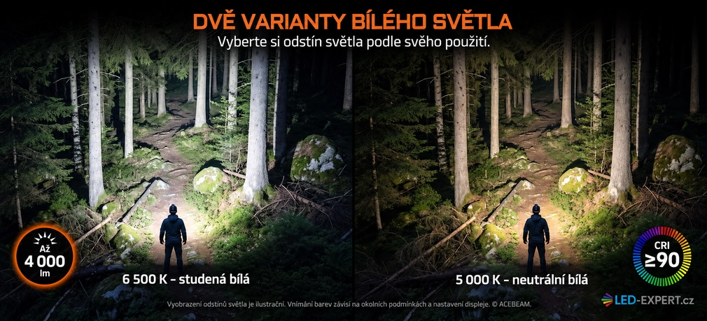Acebeam H18 porovnání variant 6500 K a 5000 K HCRI90