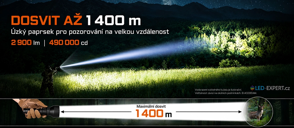 Acebeam T29 ukázka dálkového světelného kuželu a dosvitu až 1400 m
