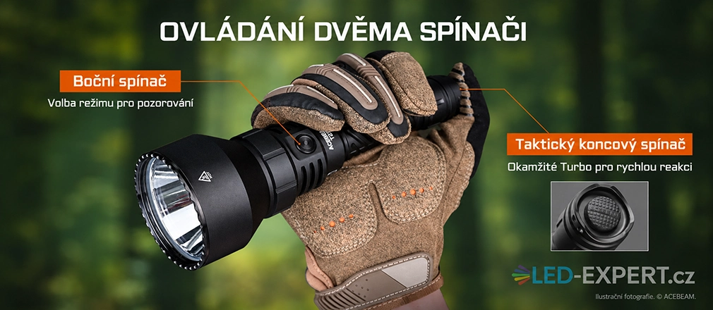 Acebeam T29 ovládání zadním taktickým a bočním spínačem