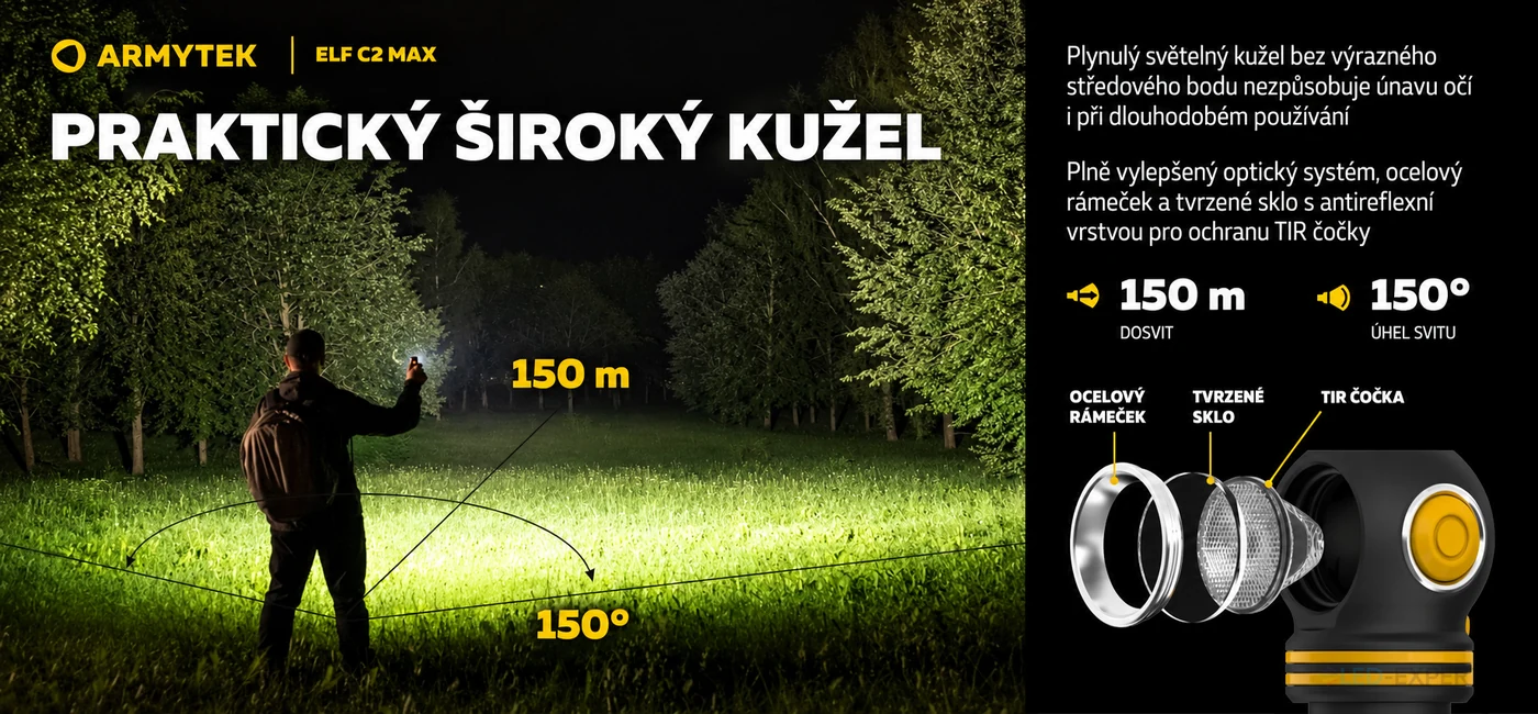 Armytek Elf C2 Max - široký světelný kužel 110° a 150°