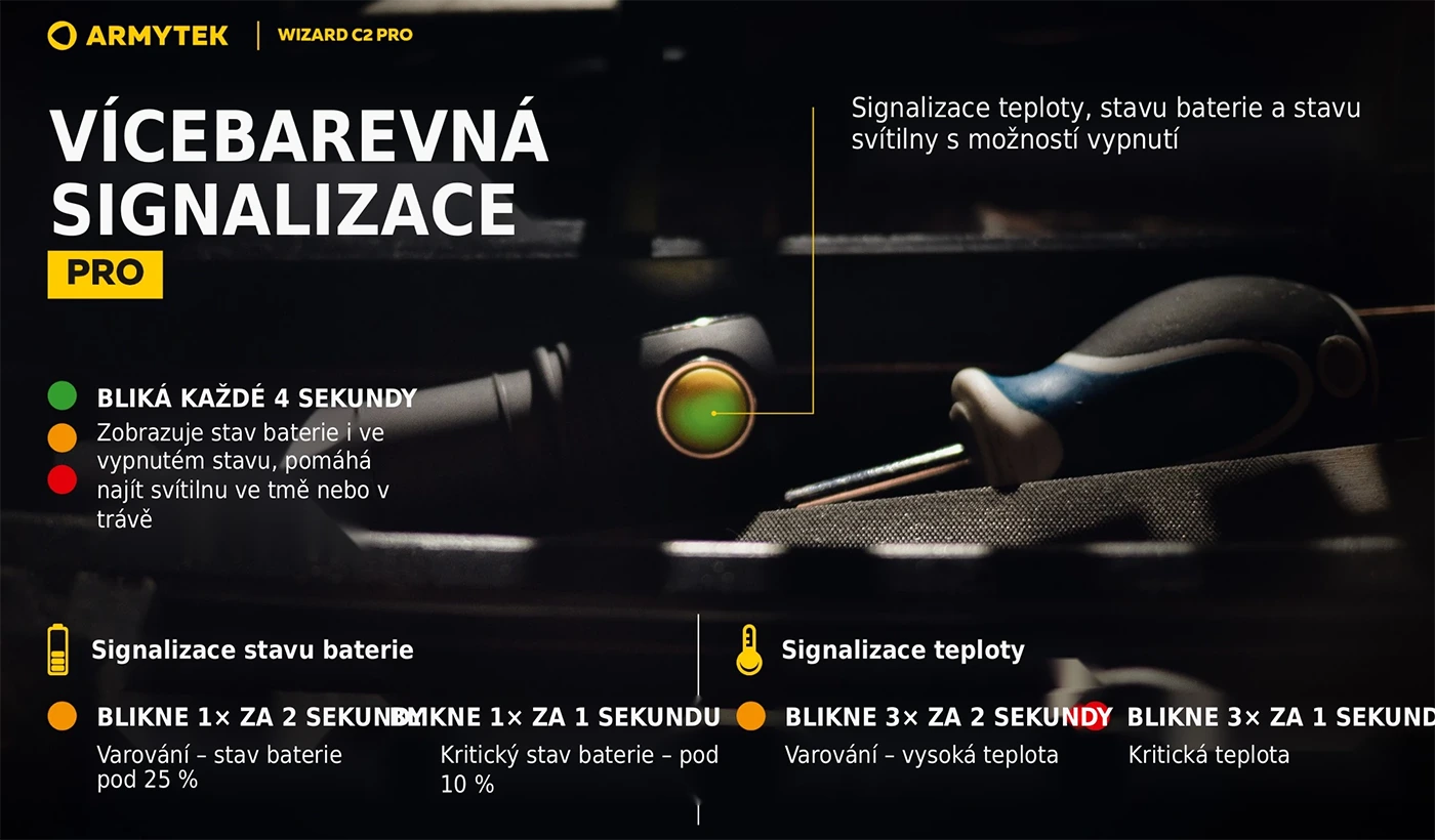 Armytek Wizard C2 Pro - barevná signalizace stavu akumulátoru a teploty