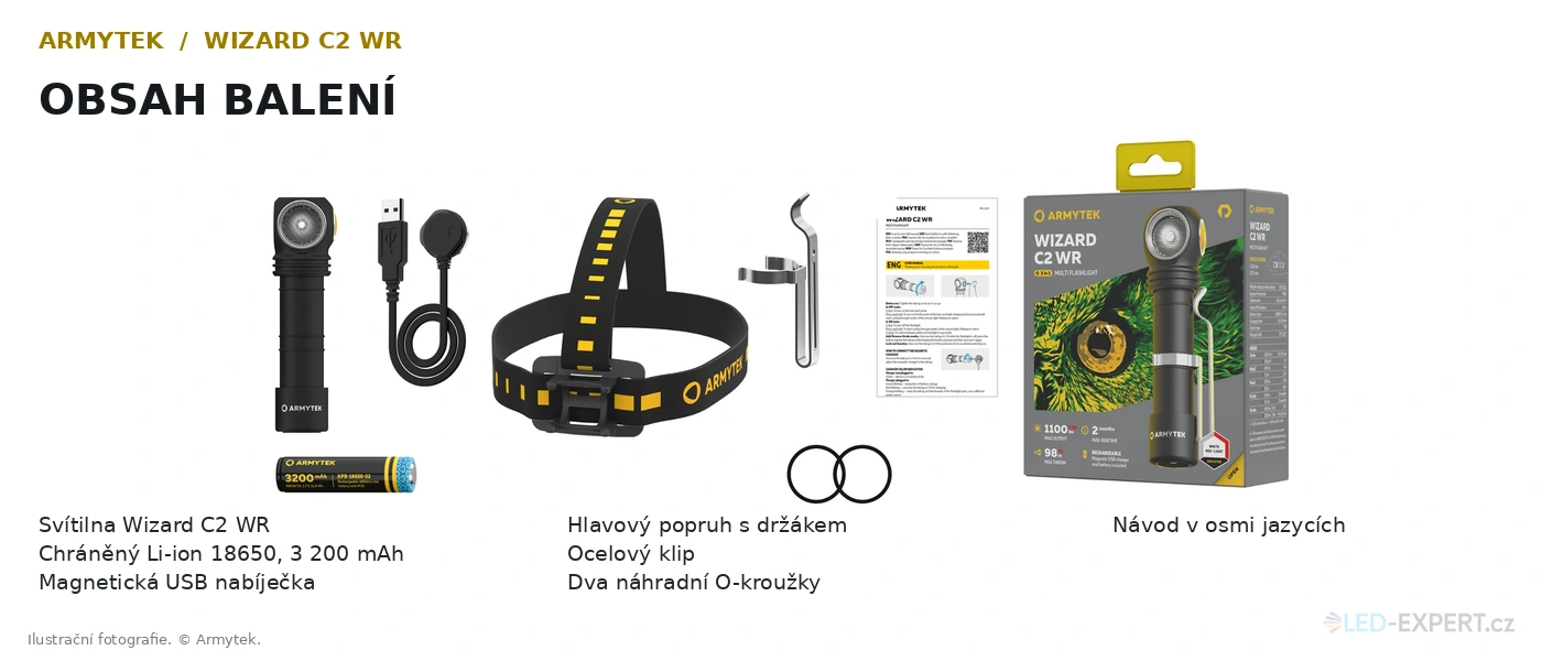 Armytek Wizard C2 WR - obsah balení s akumulátorem, čelenkou a nabíjecím kabelem