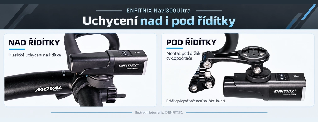 Enfitnix Navi800 Ultra - montáž nad řídítka a pod předsazený držák
