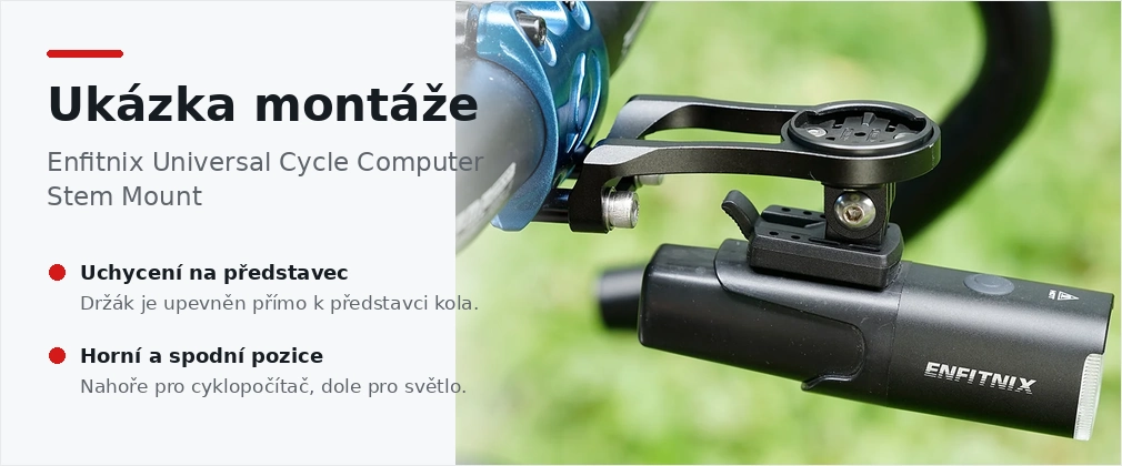 Enfitnix Universal Cycle Computer Stem Mount - ukázka montáže cyklopočítače a světla