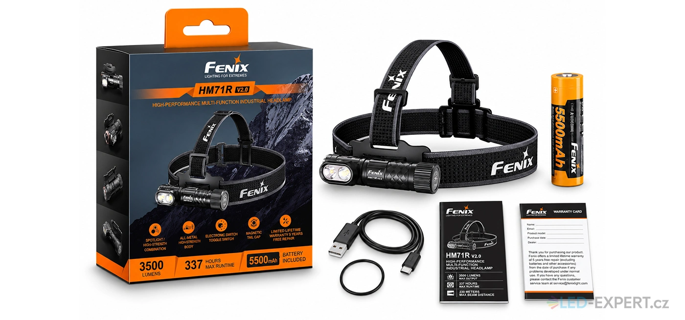 Fenix HM71R V2.0 obsah balení s akumulátorem 21700 a USB-C kabelem