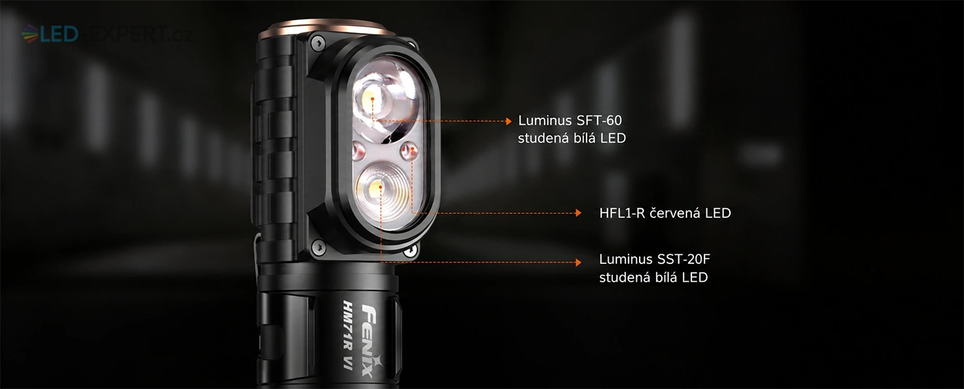 Fenix HM71R V2.0 dálkové široké a červené světlo, typy použitých LED