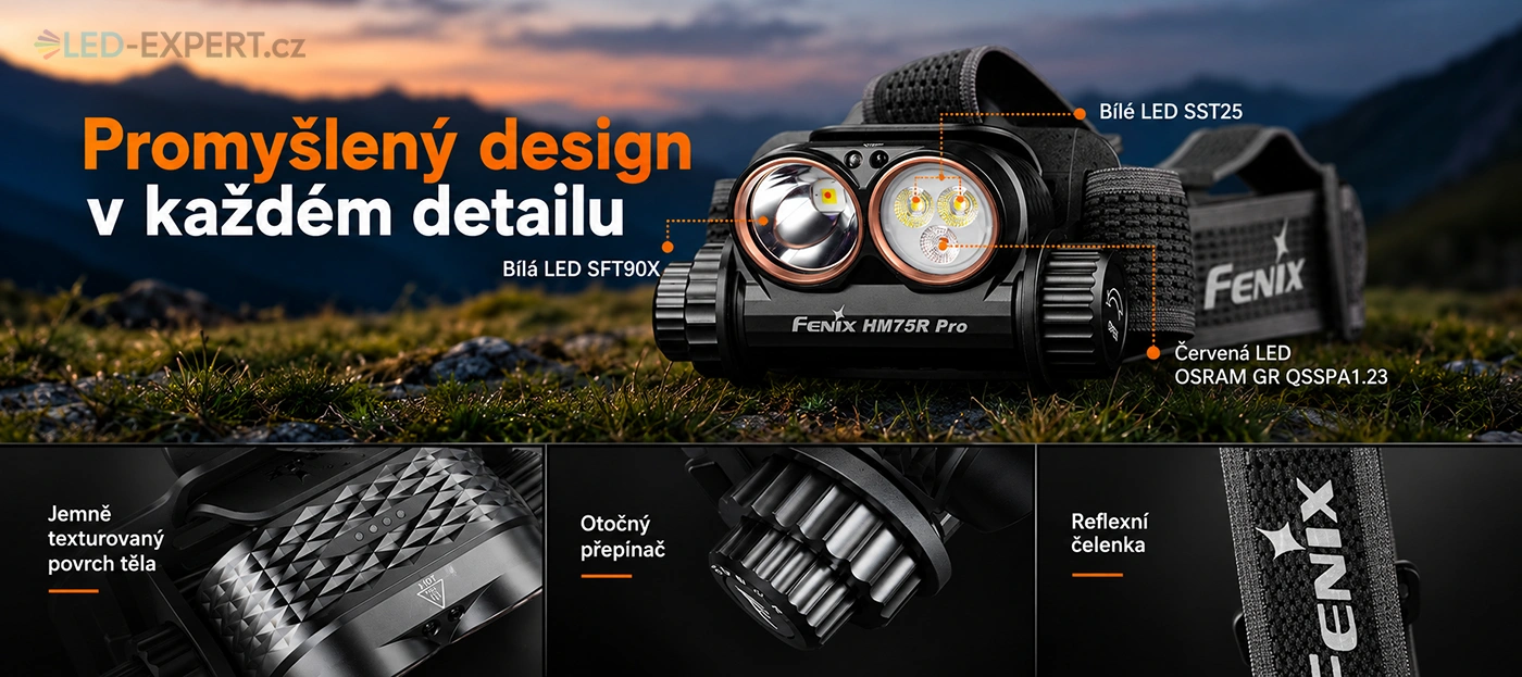 Fenix HM75R PRO konstrukce, ovládání a funkční design čelovky
