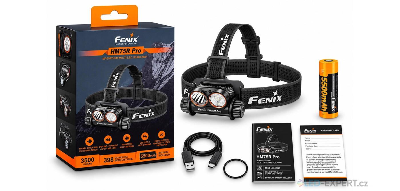 Fenix HM75R PRO obsah balení s akumulátorem 21700 a USB-C kabelem