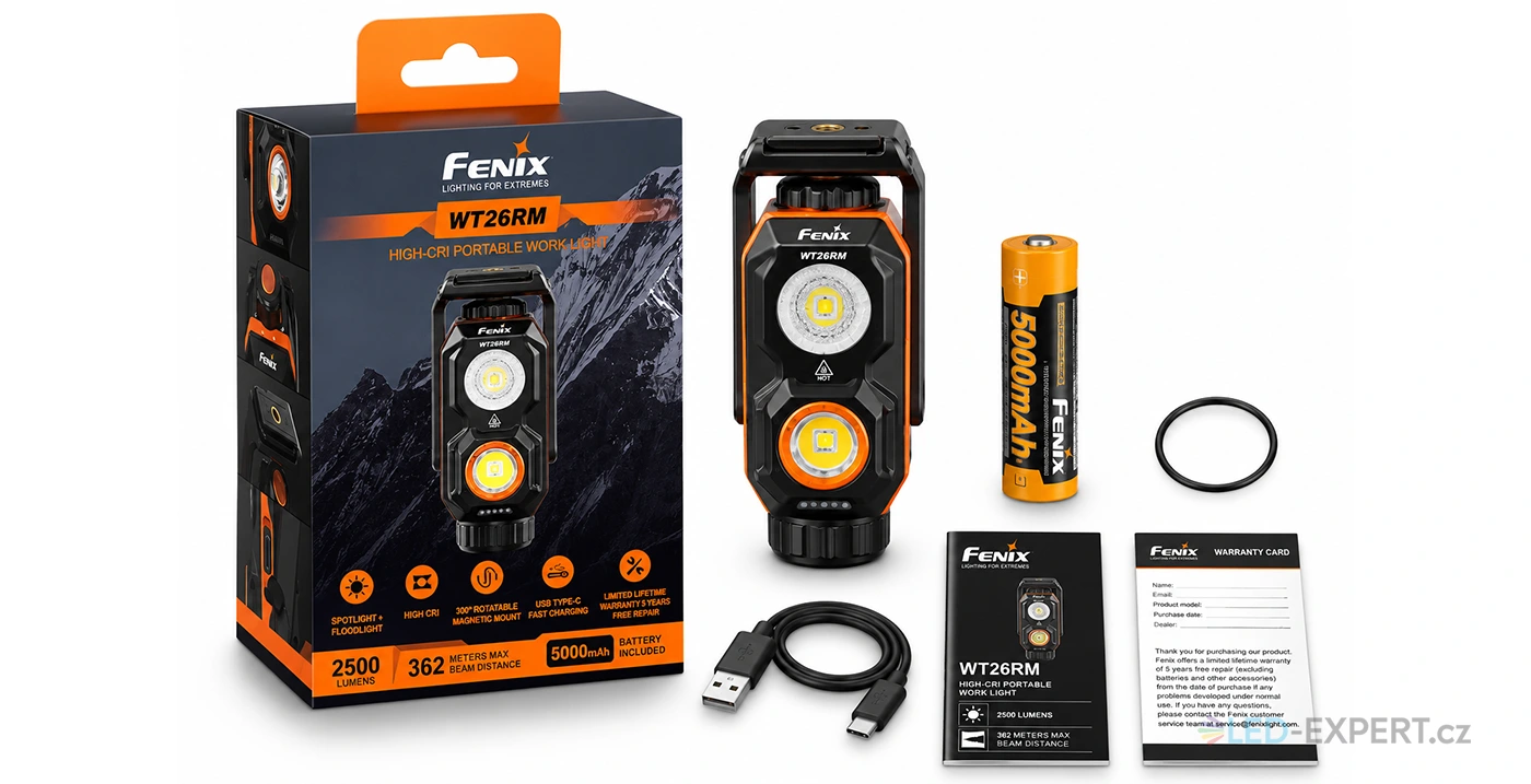 Fenix WT26RM obsah balení s akumulátorem 21700 a USB-C kabelem