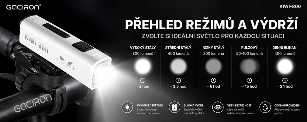 Gaciron KIWI-800 White režimy svícení a výdrže