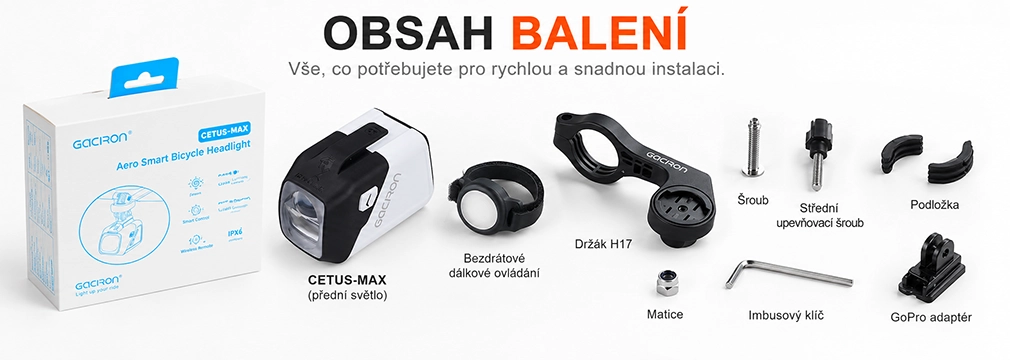 Gaciron CETUS-MAX obsah balení s držákem H17 a dálkovým ovládáním