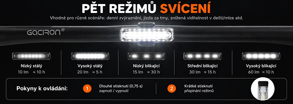 Gaciron W16CW pět světelných režimů