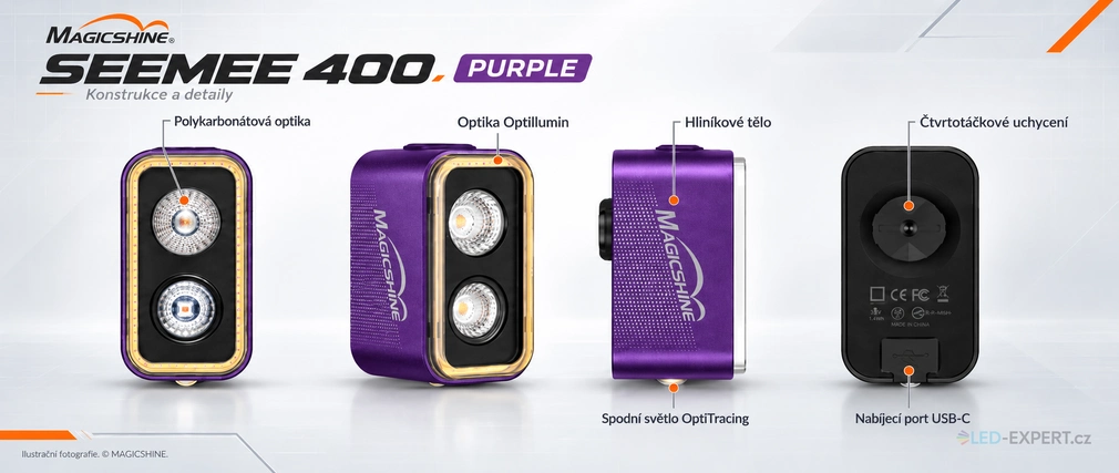 Magicshine SEEMEE 400 Purple - konstrukce a 360° OptiTracing