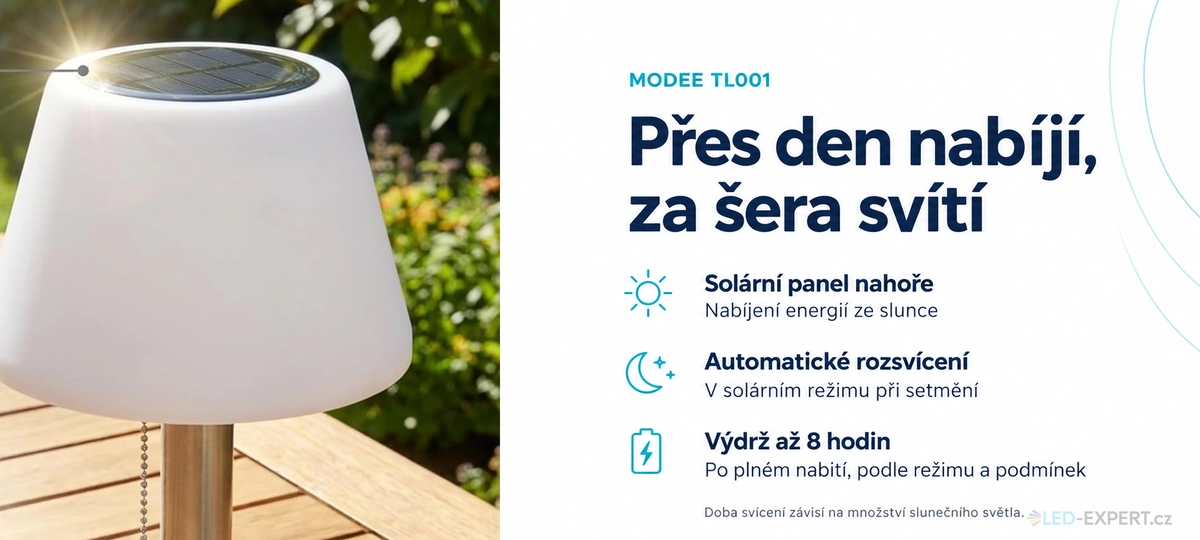 Modee TL001 - solární nabíjení a automatický režim