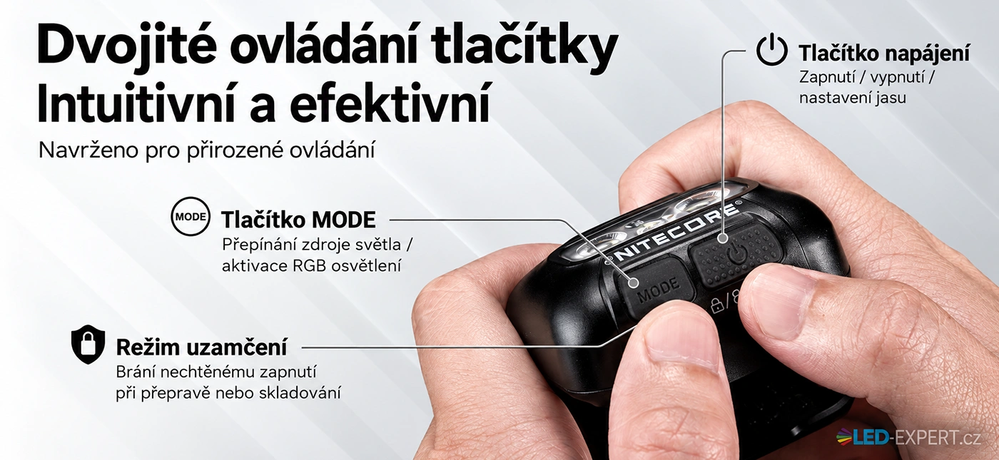 Nitecore HA13 RGB - ovládání dvěma tlačítky