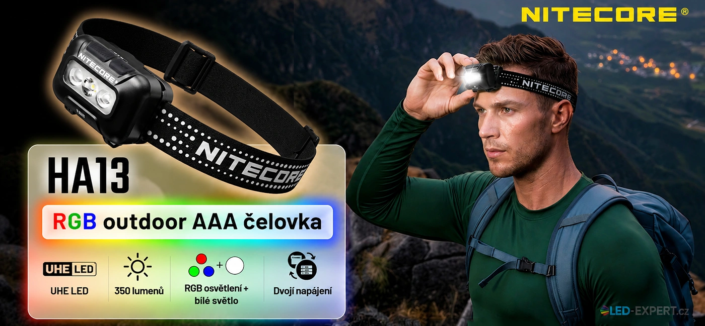 Nitecore HA13 RGB - bílé a RGB světlo, hlavní parametry