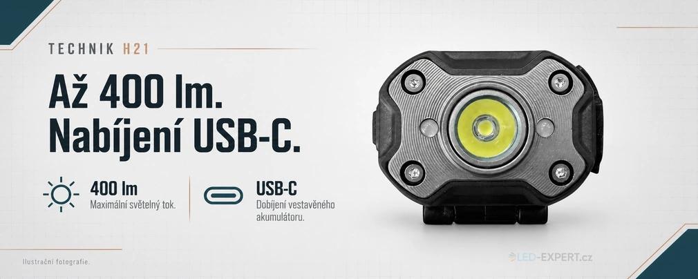 Technik H21 - výkon 400 lm a USB-C nabíjení