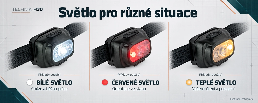 Technik H30 - hlavní bílé, široké teplé a červené světlo