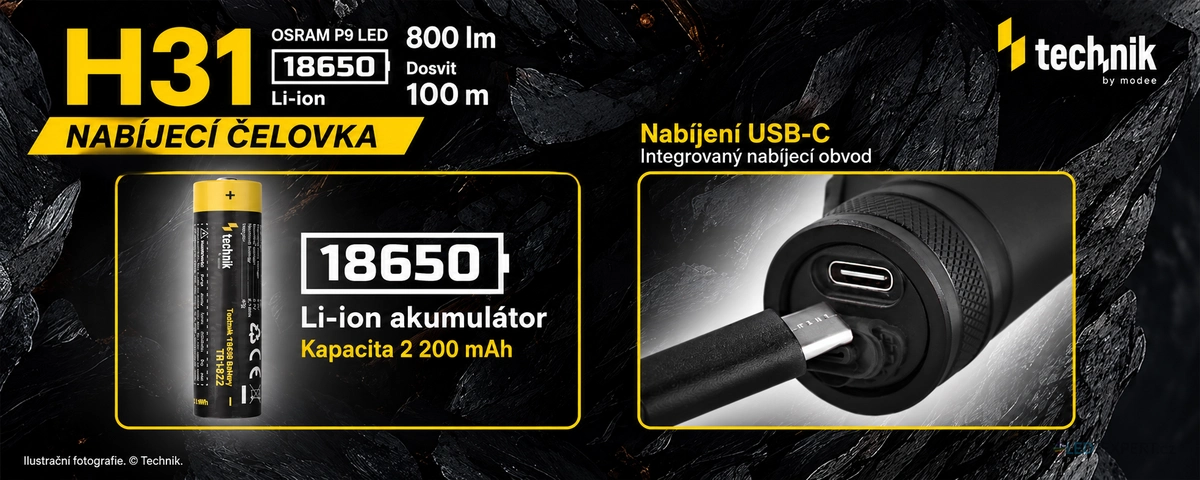 Technik H31 - akumulátor 18650 a USB-C nabíjení