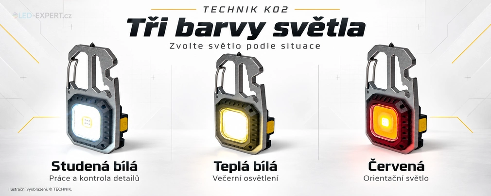 Technik K02 - bílé, teplé bílé a červené světlo