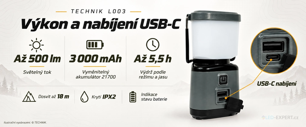 Technik L003 - parametry, akumulátor a USB-C nabíjení