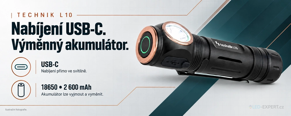 Technik L10 - USB-C nabíjení a výměnný akumulátor 18650