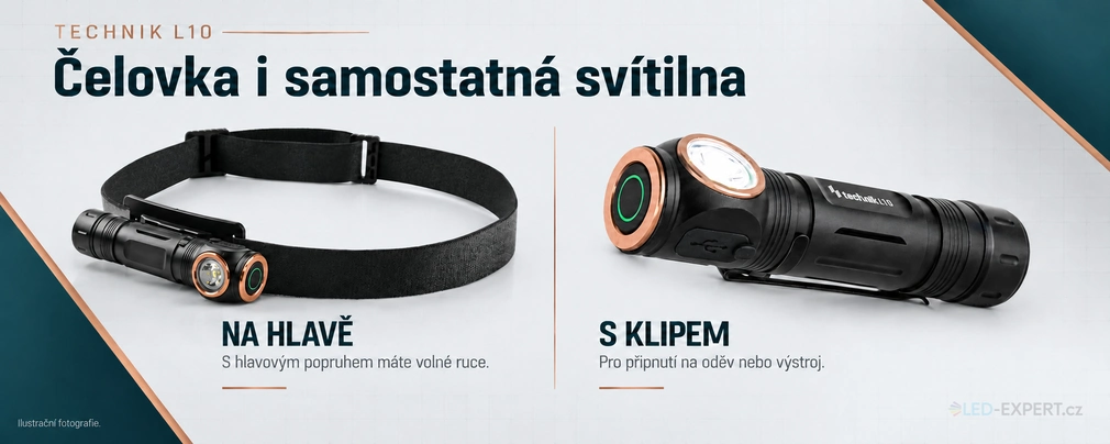 Technik L10 - použití jako čelovka a ruční svítilna s klipem