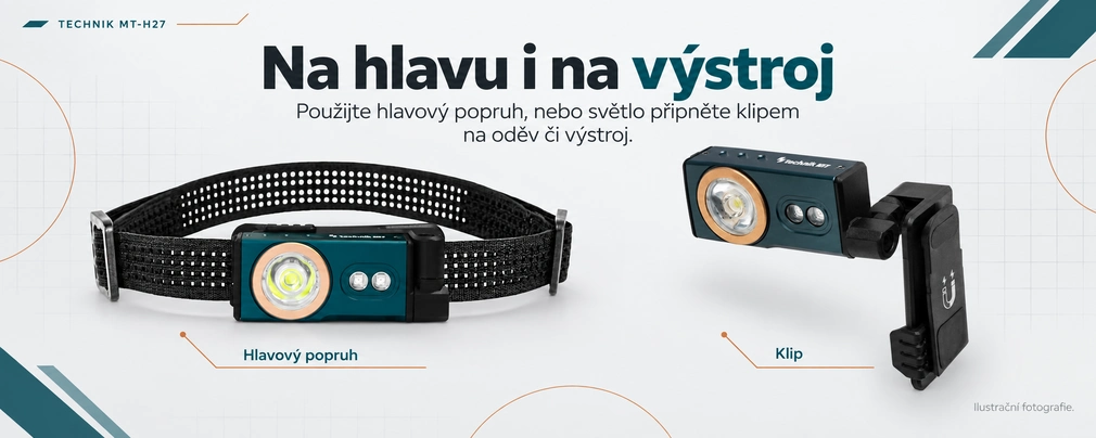 Technik H27 - použití jako čelovka a klipové světlo