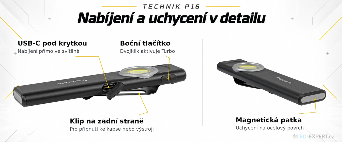 Technik P16 - USB-C nabíjení, klip a magnetické uchycení