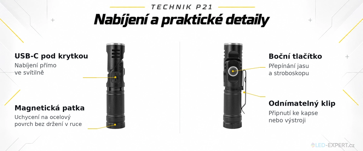 Technik P21 - USB-C nabíjení, magnet a klip