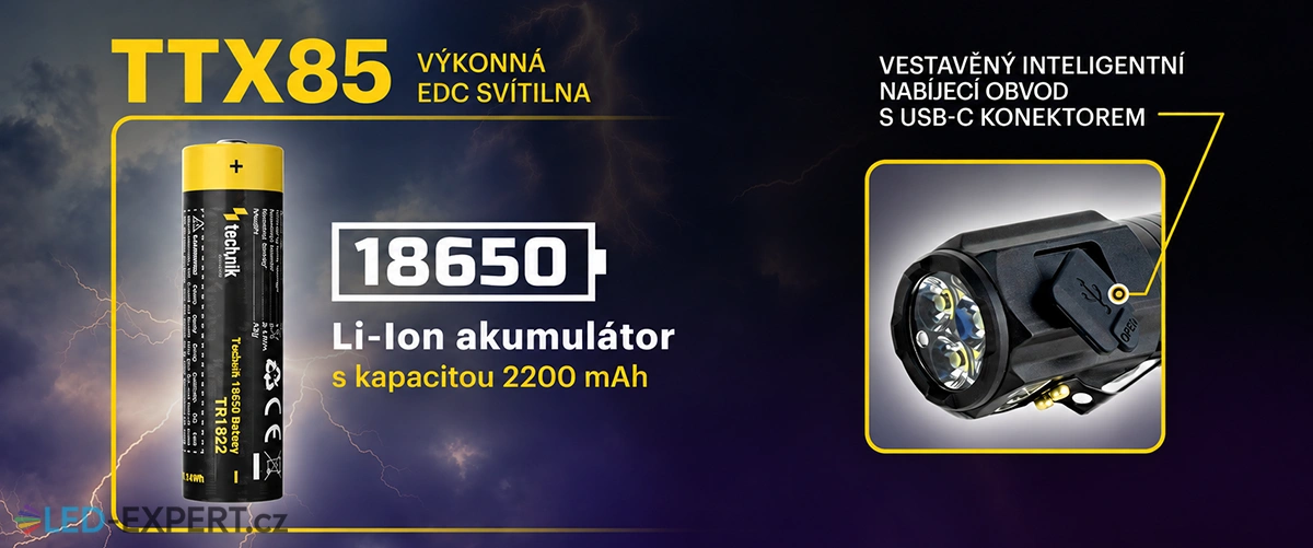 Technik TTX85 - akumulátor 18650 a USB-C nabíjení