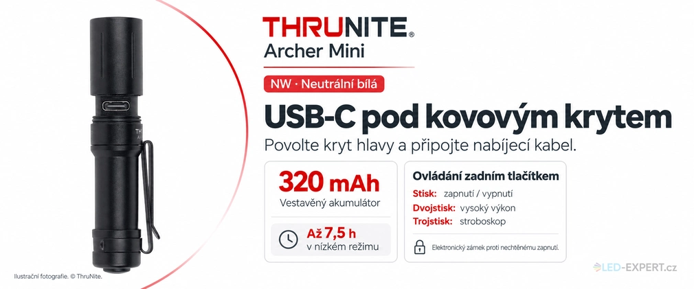 ThruNite Archer Mini Black NW - USB-C nabíjení a ovládání