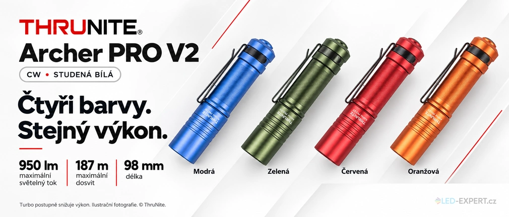 ThruNite Archer Pro V2 CW - modrá, zelená, červená a oranžová varianta