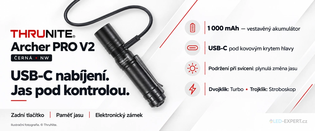 ThruNite Archer Pro V2 Black NW - USB-C nabíjení a ovládání