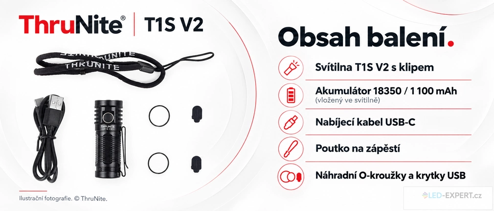ThruNite T1S V2 Black NW - obsah balení