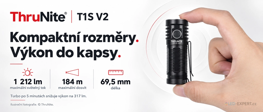 ThruNite T1S V2 Black NW - rozměry a výkon