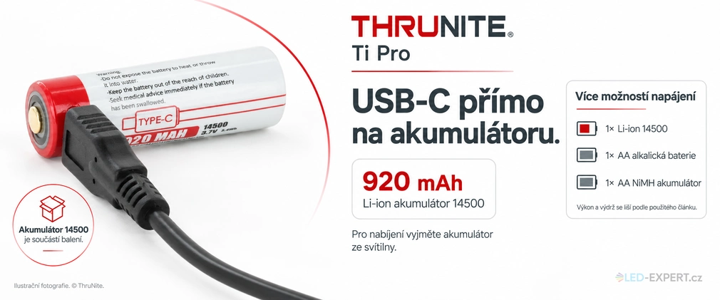 ThruNite Ti Pro - akumulátor 14500 920 mAh s USB-C a možnost napájení AA