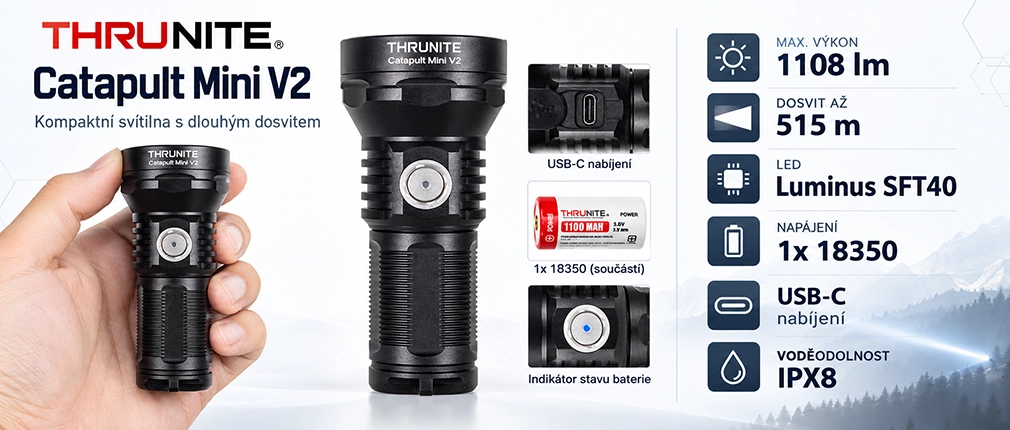 ThruNite Catapult Mini V2 - parametry, USB-C nabíjení a indikace baterie