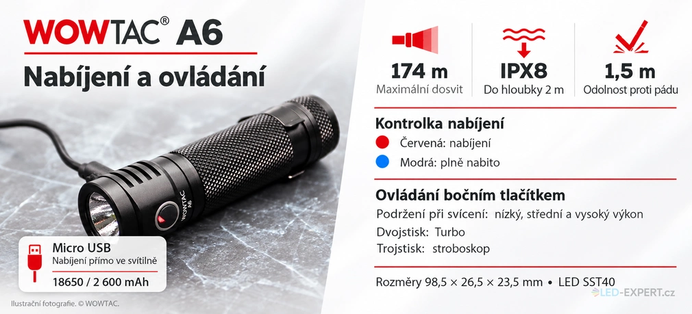 Wowtac A6 - výkon, nabíjení a ovládání