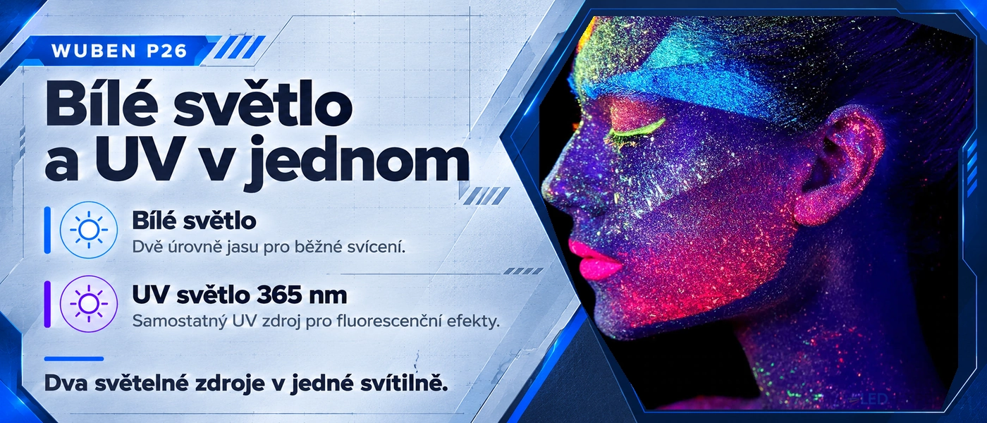 Wuben P26 - bílé světlo a UV světlo 365 nm