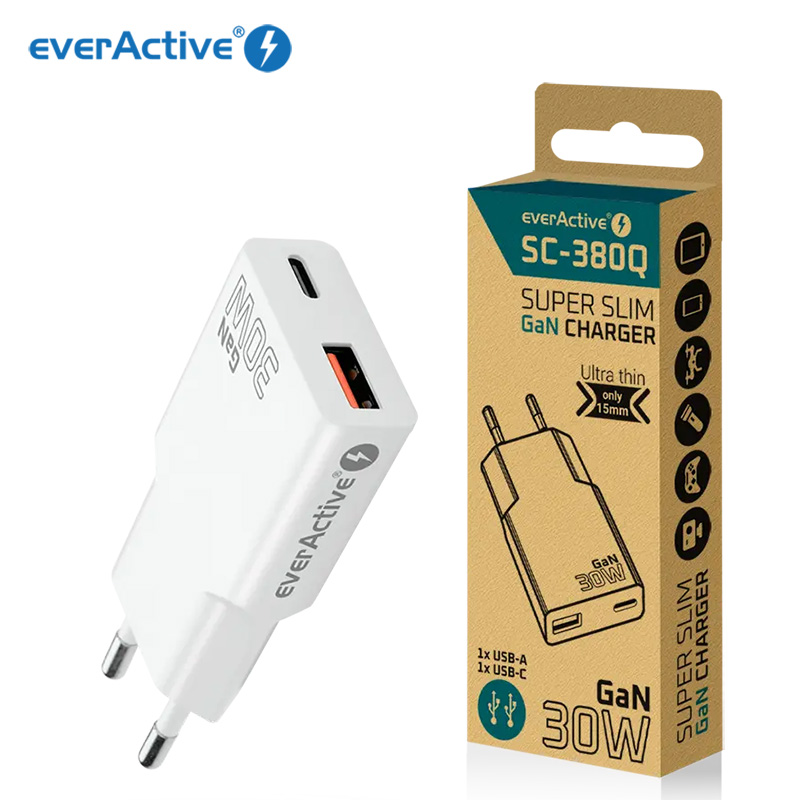 EverActive USB síťový adaptér slim GAN SC-380Q 30 W