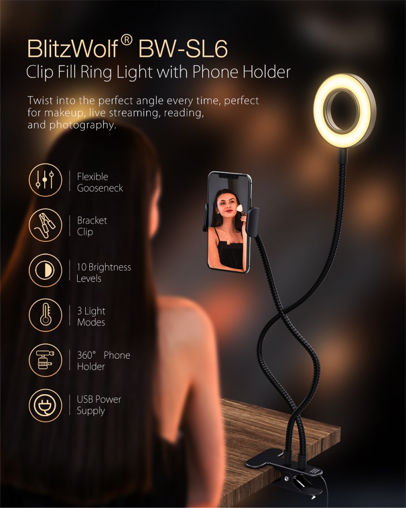 Kruhové LED světlo s klipem na livestream, video, focení, makeup