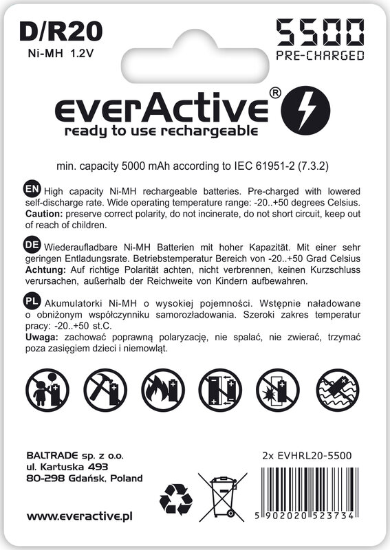 Nabíjecí baterie EverActive D R20 Ni-MH 5500mAh (velký buřt) 2ks