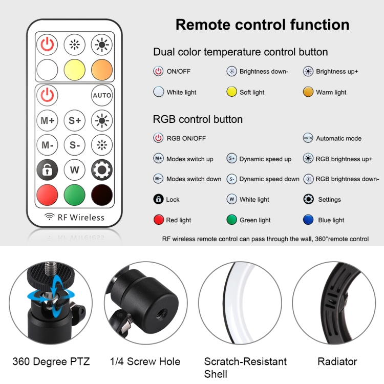 PULUZ Tripod RGB stolní kruhové LED světlo 10.2'', černé PKT3082B