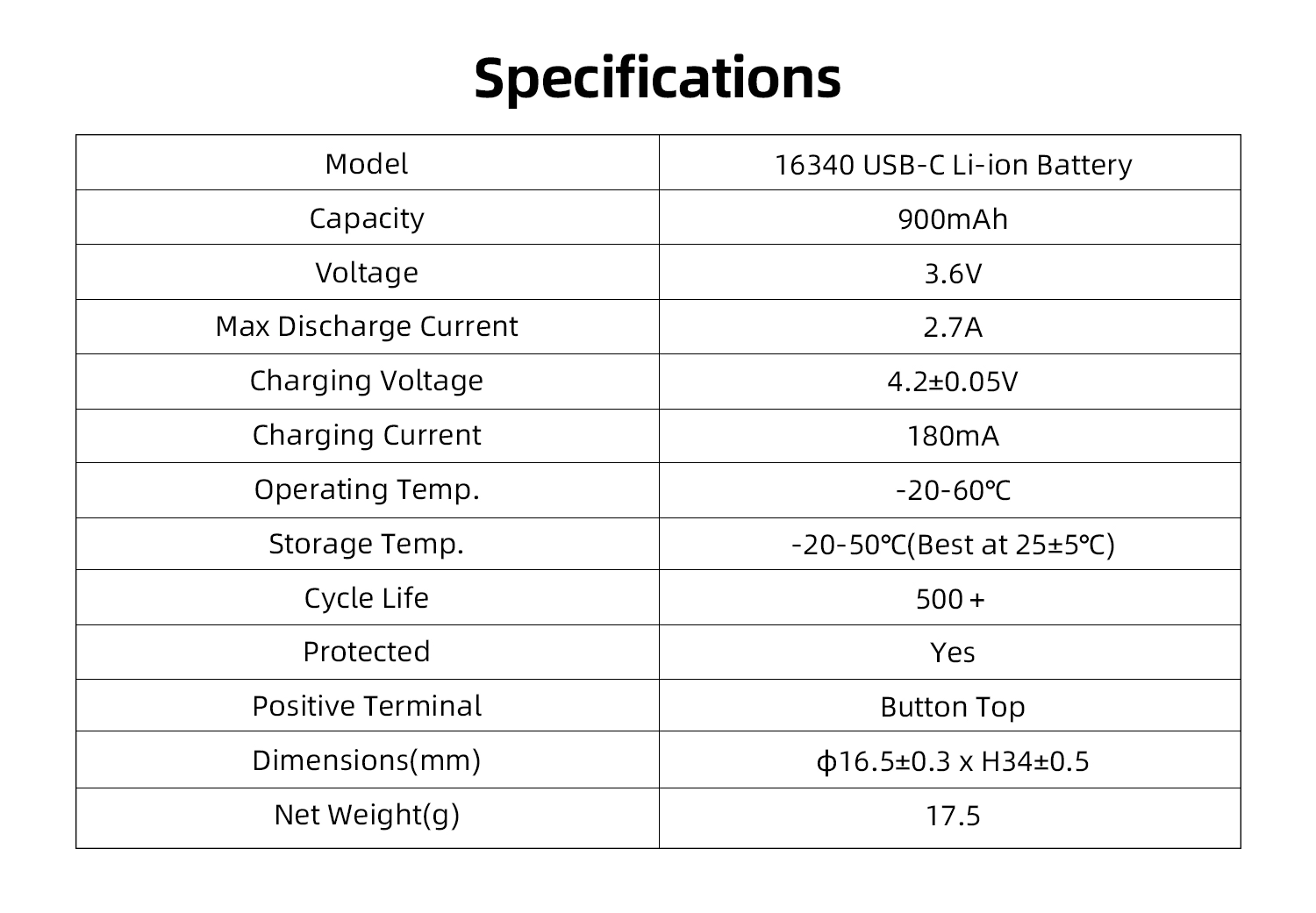 Xtar 16340 900mAh Li-Ion USB-C